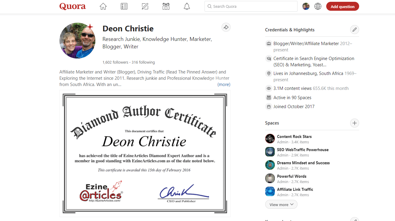 Deon Christie Quora profile