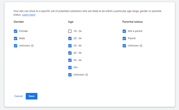 setting gender and age for your Google video ad